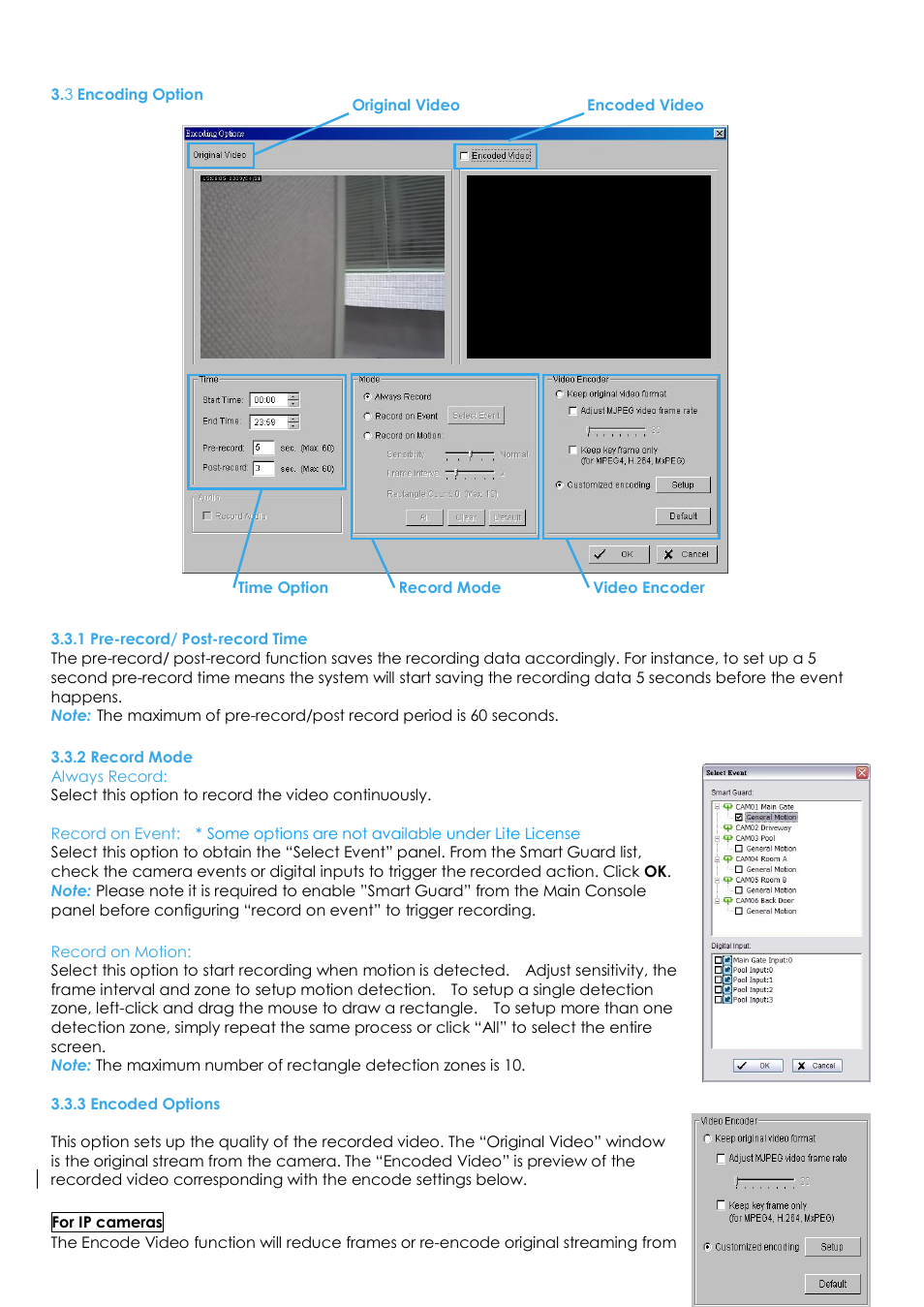 3 encoding option, 1 pre-record/ post-record time, 2 record mode | 3 encoded options | EZWatch Evolution User Manual | Page 48 / 130