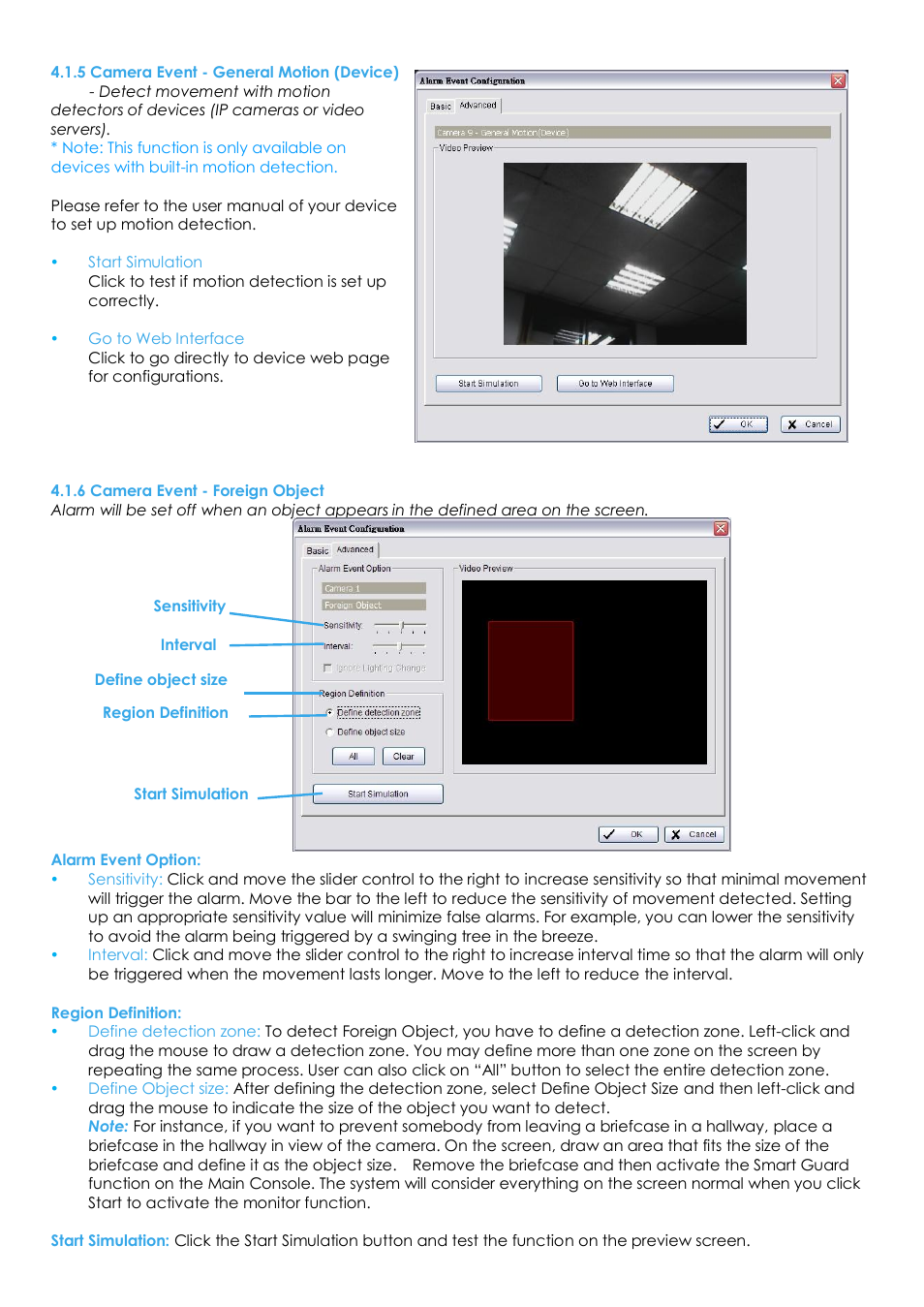 5 camera event - general motion (device), 6 camera event - foreign object | EZWatch Evolution User Manual | Page 53 / 130