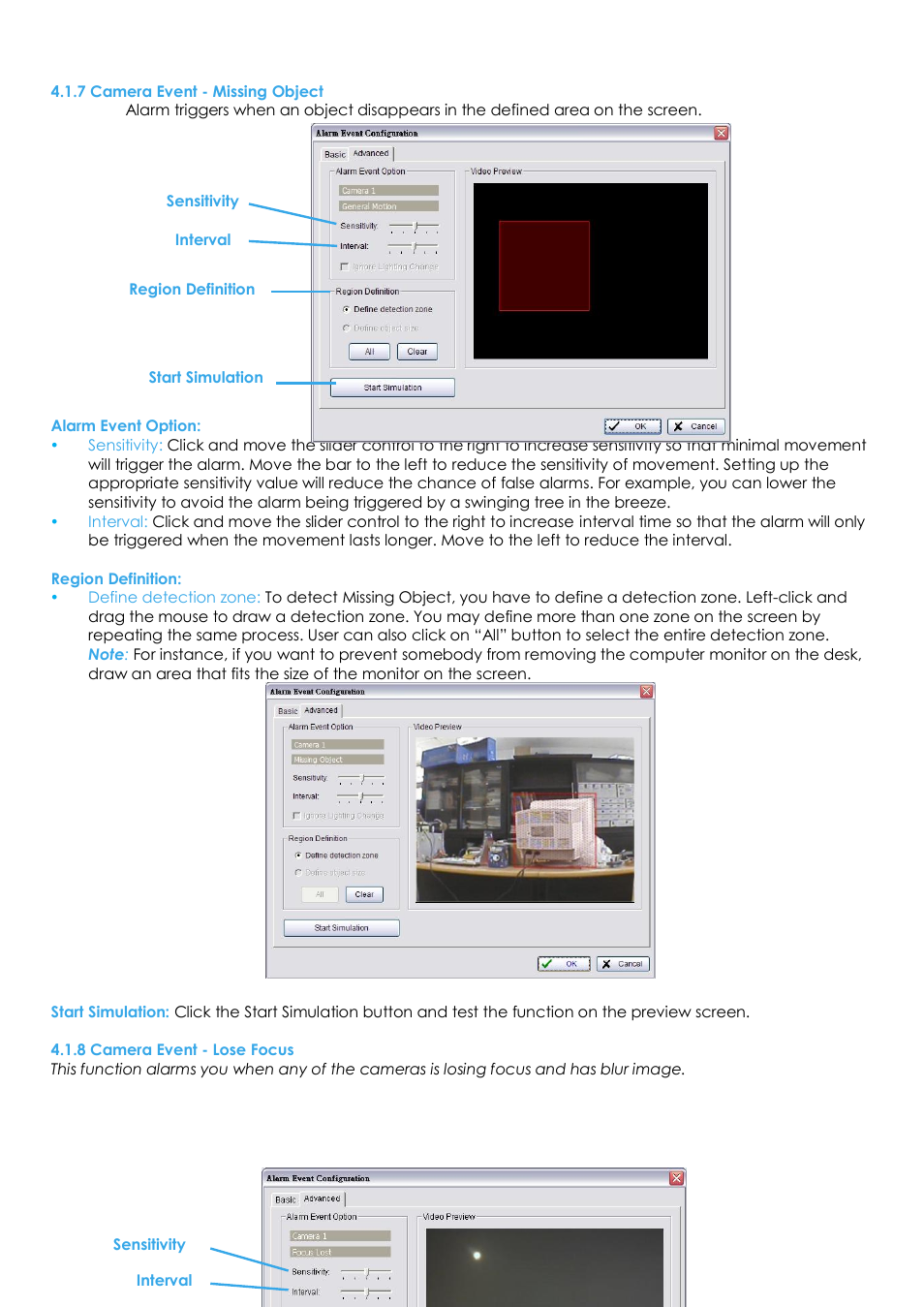 7 camera event - missing object, 8 camera event - lose focus | EZWatch Evolution User Manual | Page 54 / 130
