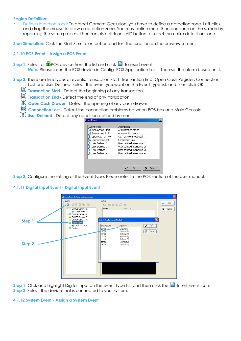 10 pos event - assign a pos event, 11 digital input event - digital input event, 12 system event - assign a system event | EZWatch Evolution User Manual | Page 56 / 130