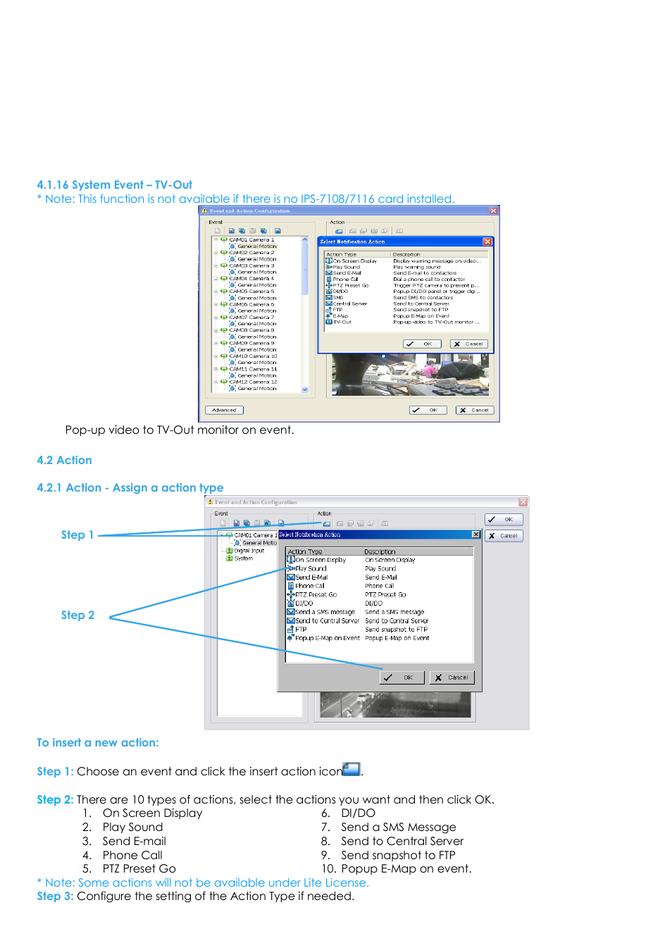 16 system event – tv-out, 2 action, 1 action - assign a action type | EZWatch Evolution User Manual | Page 58 / 130
