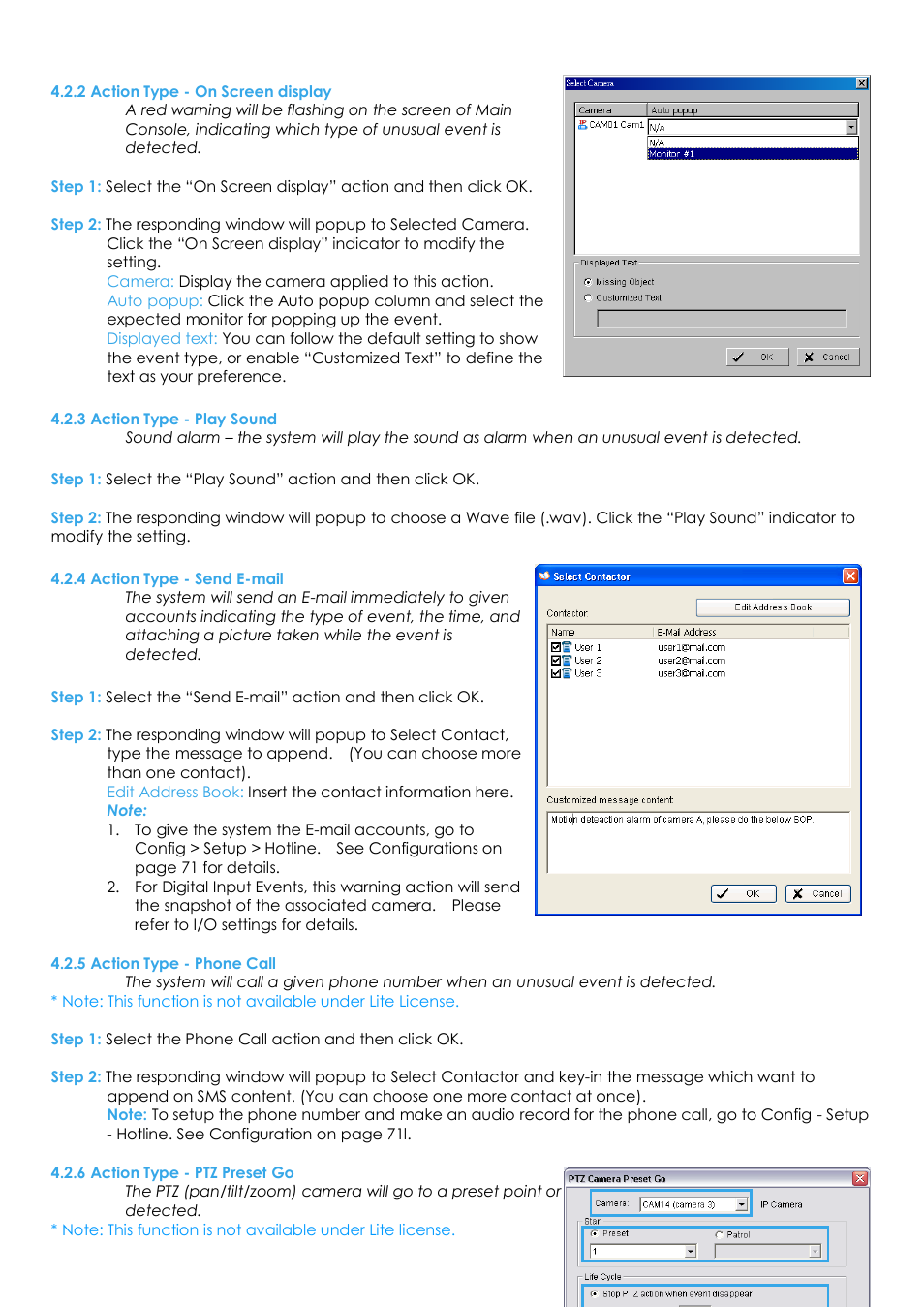 2 action type - on screen display, 3 action type - play sound, 4 action type - send e-mail | 5 action type - phone call, 6 action type - ptz preset go | EZWatch Evolution User Manual | Page 59 / 130