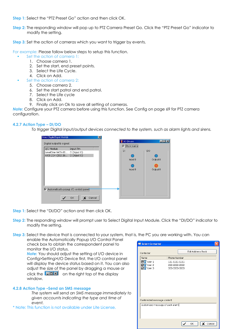 7 action type – di/do, 8 action type –send an sms message | EZWatch Evolution User Manual | Page 60 / 130