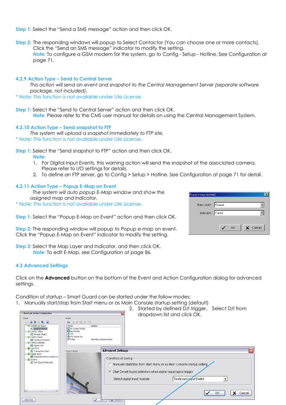 9 action type – send to central server, 10 action type – send snapshot to ftp, 11 action type – popup e-map on event | 3 advanced settings | EZWatch Evolution User Manual | Page 61 / 130