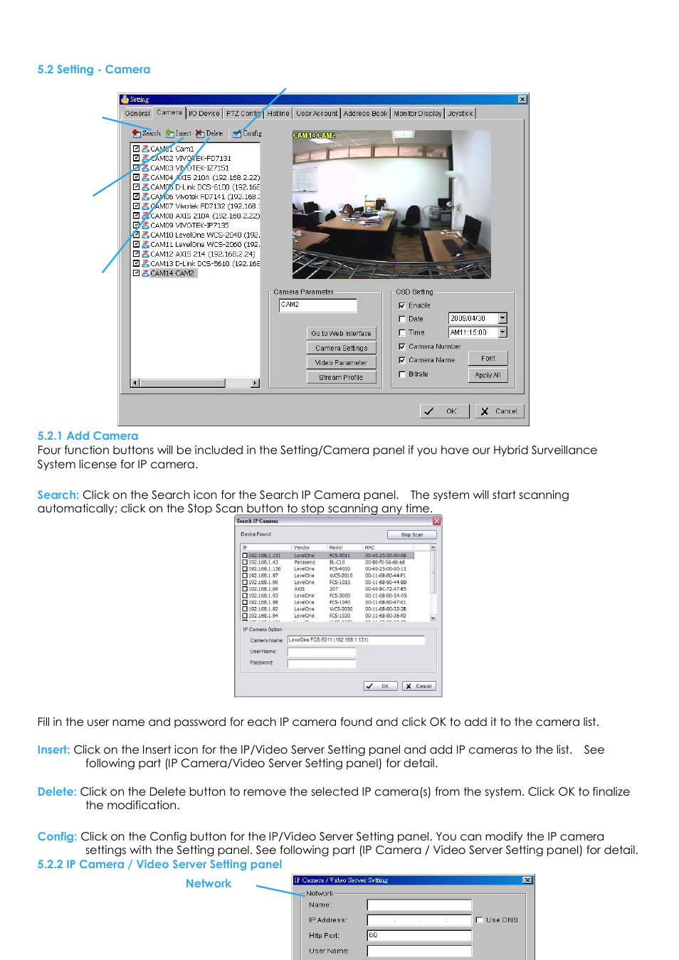 2 setting - camera, 1 add camera, 2 ip camera / video server setting panel | EZWatch Evolution User Manual | Page 66 / 130