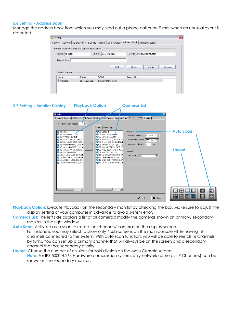 6 setting - address book, 7 setting – monitor display | EZWatch Evolution User Manual | Page 72 / 130