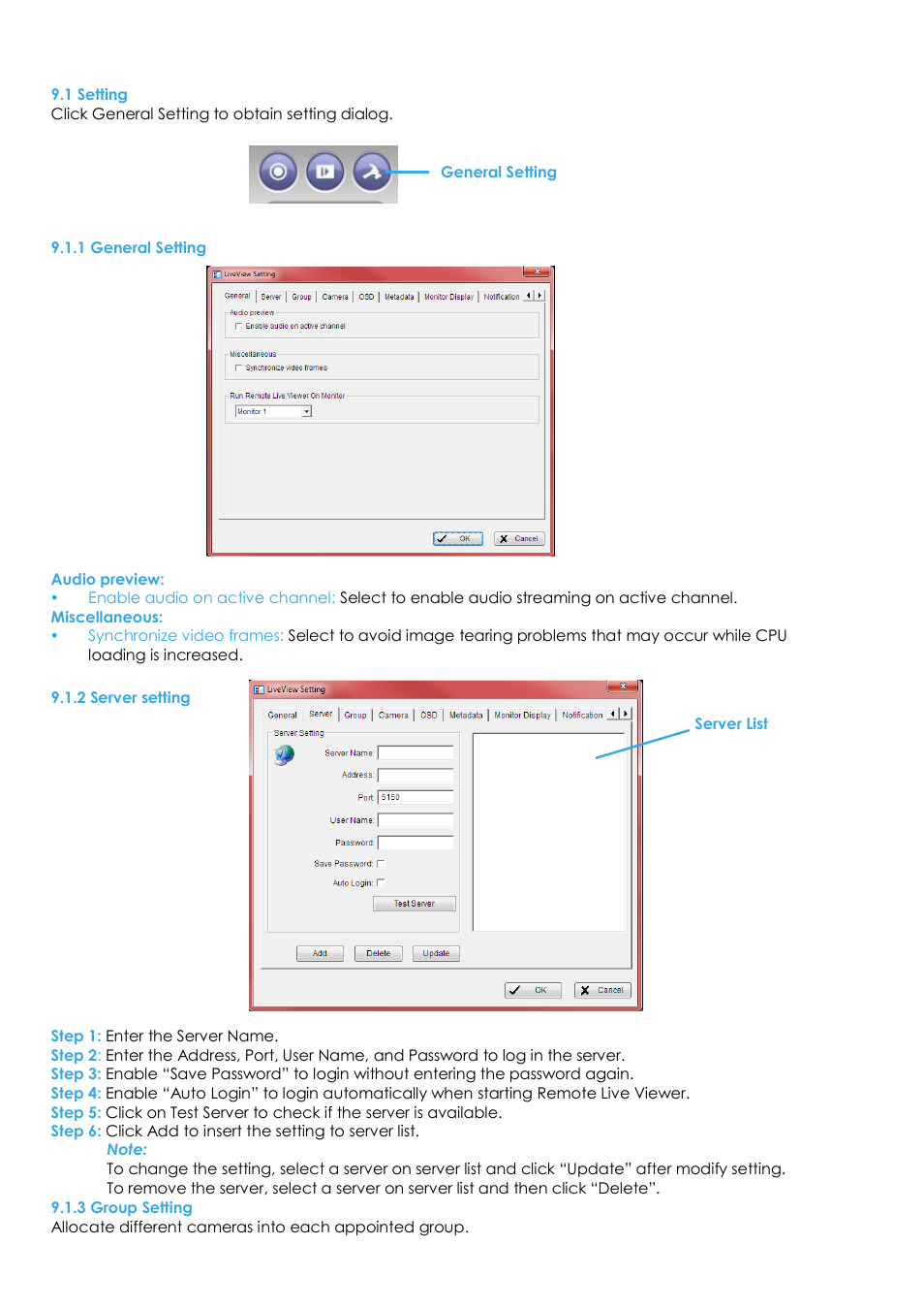 1 setting, 1 general setting, 2 server setting | 3 group setting | EZWatch Evolution User Manual | Page 99 / 130