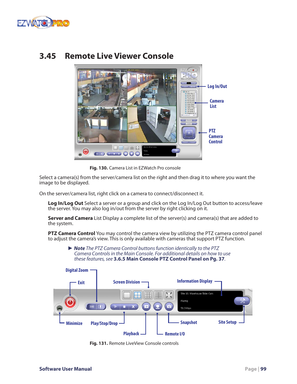 Fig. 130. camera list in ezwatch pro console, Fig. 131. remote liveview console controls, 45 remote live viewer console | EZWatch Pro 4.0 User Manual | Page 100 / 124