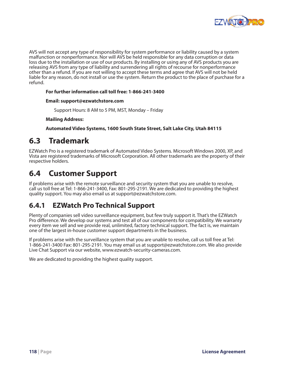 3 trademark, 4 customer support, 1 ezwatch pro technical support | EZWatch Pro 4.0 User Manual | Page 119 / 124