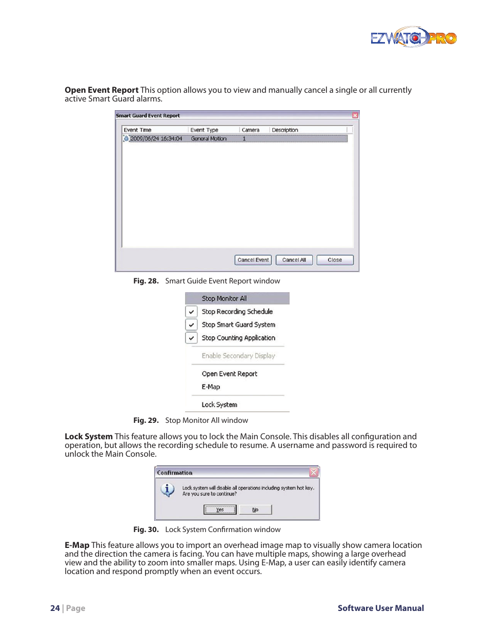 Fig. 28. smart guide event report window, Fig. 29. stop monitor all window, Fig. 30. lock system confirmation window | EZWatch Pro 4.0 User Manual | Page 25 / 124