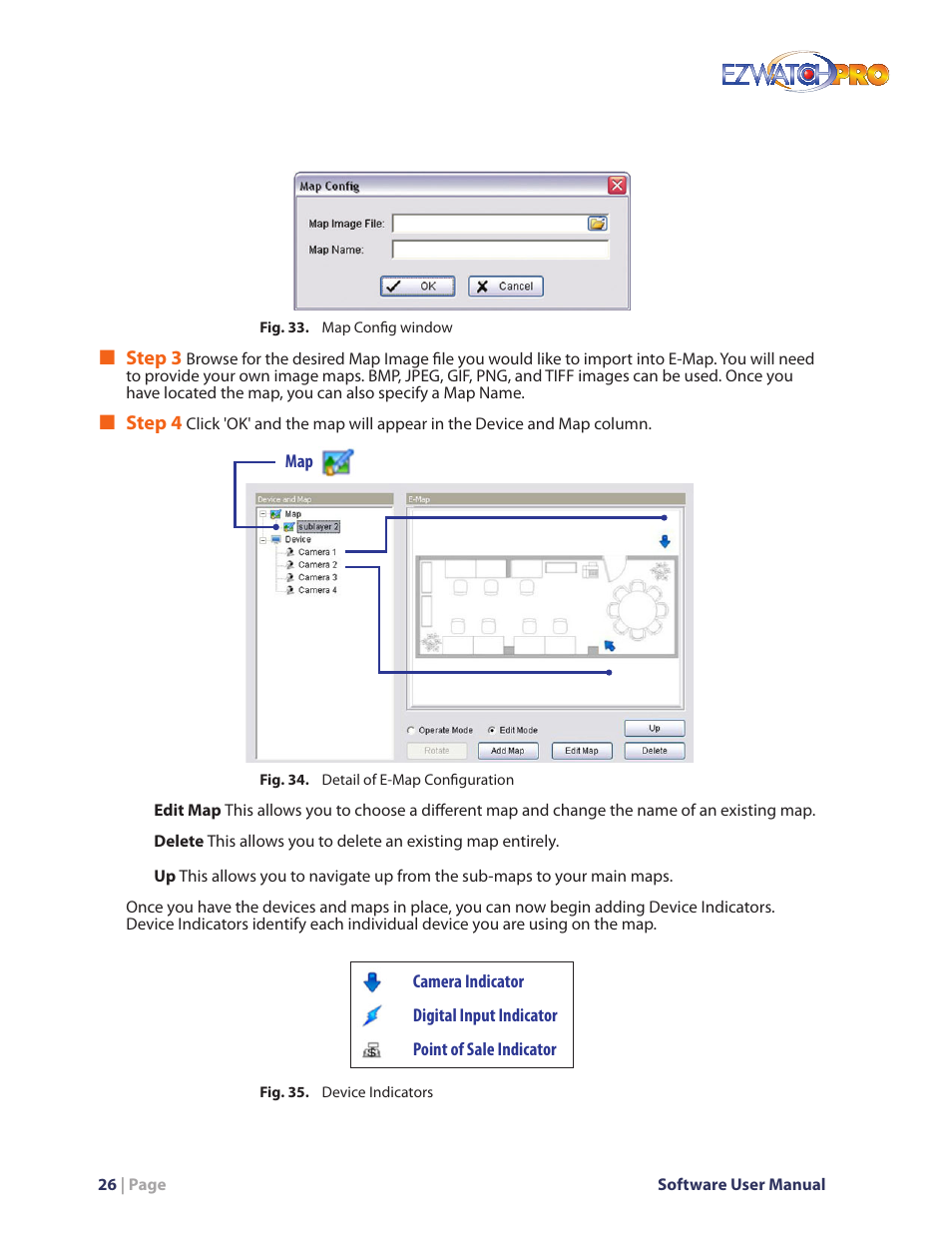 Fig. 33. map config window, Fig. 34. detail of e-map configuration, Fig. 35. device indicators | EZWatch Pro 4.0 User Manual | Page 27 / 124