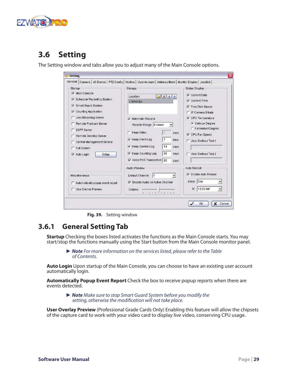 Fig. 39. setting window, 6 setting, 1 general setting tab | EZWatch Pro 4.0 User Manual | Page 30 / 124