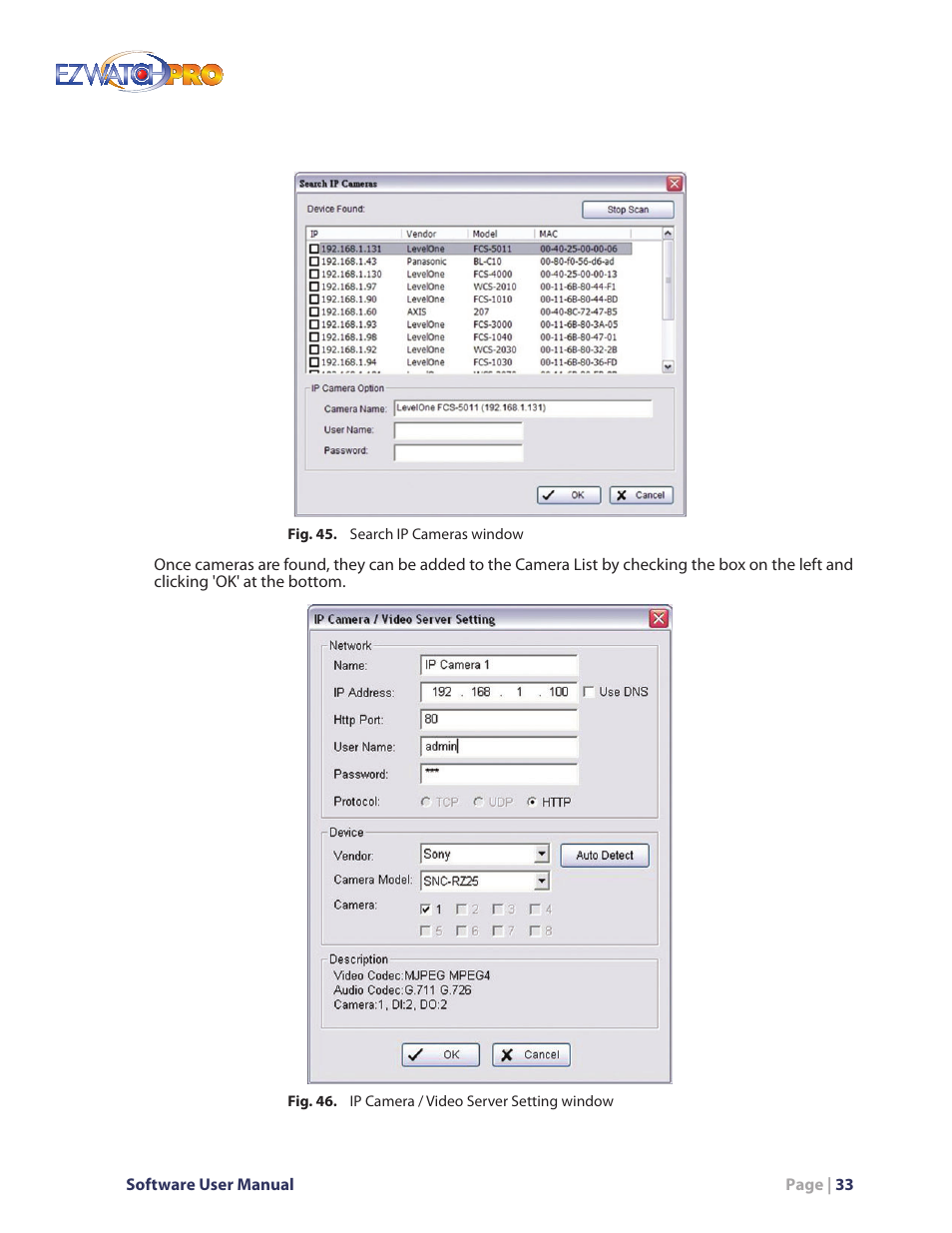 Fig. 45. search ip cameras window, Fig. 46. ip camera / video server setting window | EZWatch Pro 4.0 User Manual | Page 34 / 124