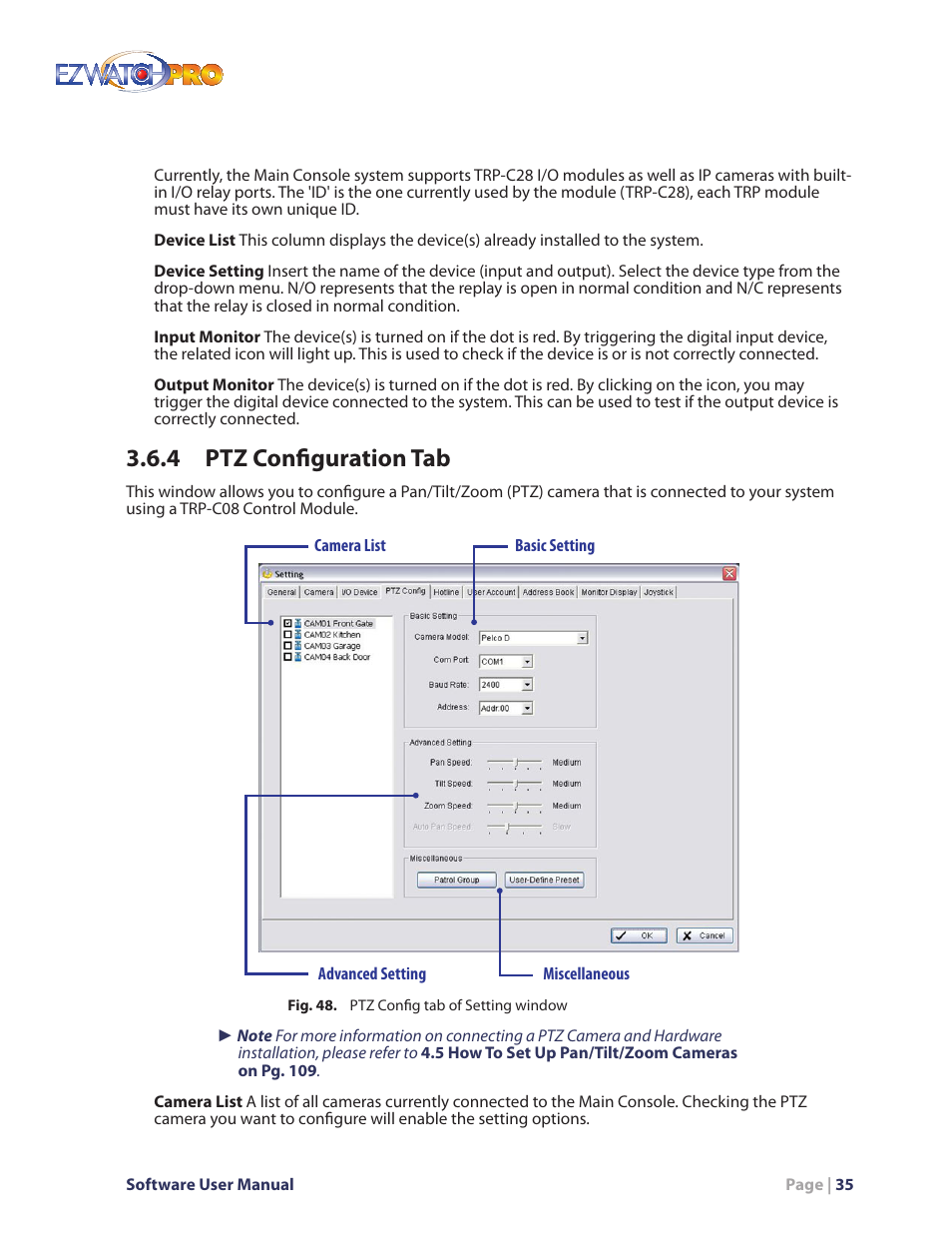 Fig. 48. ptz config tab of setting window, 4 ptz configuration tab | EZWatch Pro 4.0 User Manual | Page 36 / 124