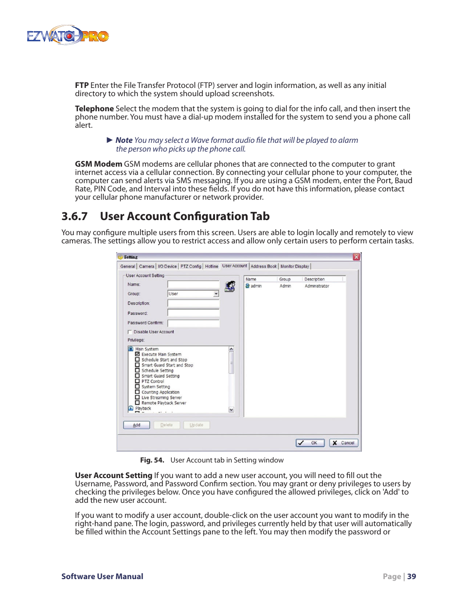 Fig. 54. user account tab in setting window, 7 user account configuration tab | EZWatch Pro 4.0 User Manual | Page 40 / 124