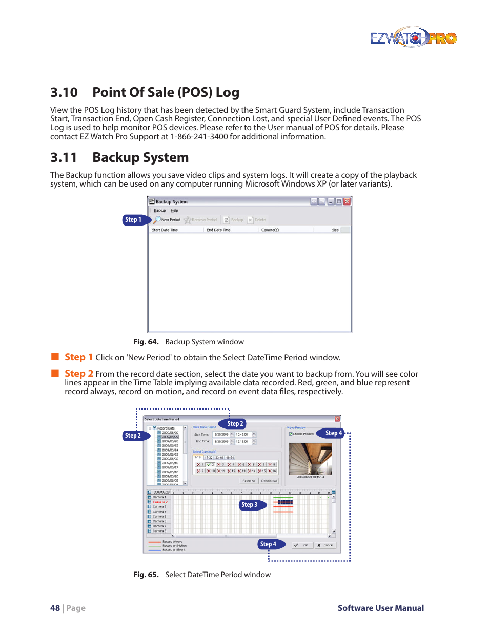 Fig. 64. backup system window, Fig. 65. select datetime period window, 10 point of sale (pos) log | 11 backup system | EZWatch Pro 4.0 User Manual | Page 49 / 124