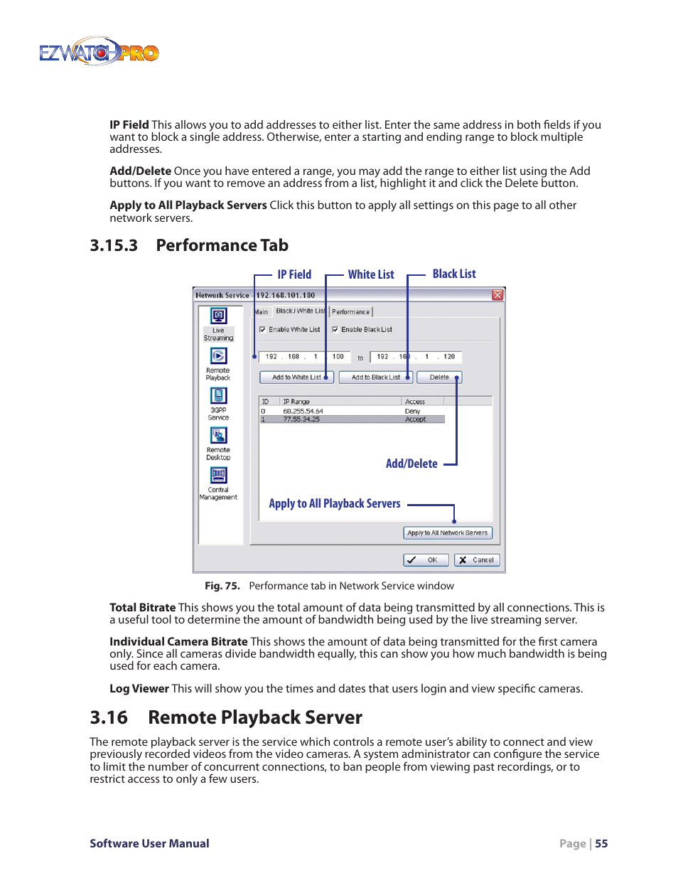 Fig. 75. performance tab in network service window, 3 performance tab, 16 remote playback server | EZWatch Pro 4.0 User Manual | Page 56 / 124