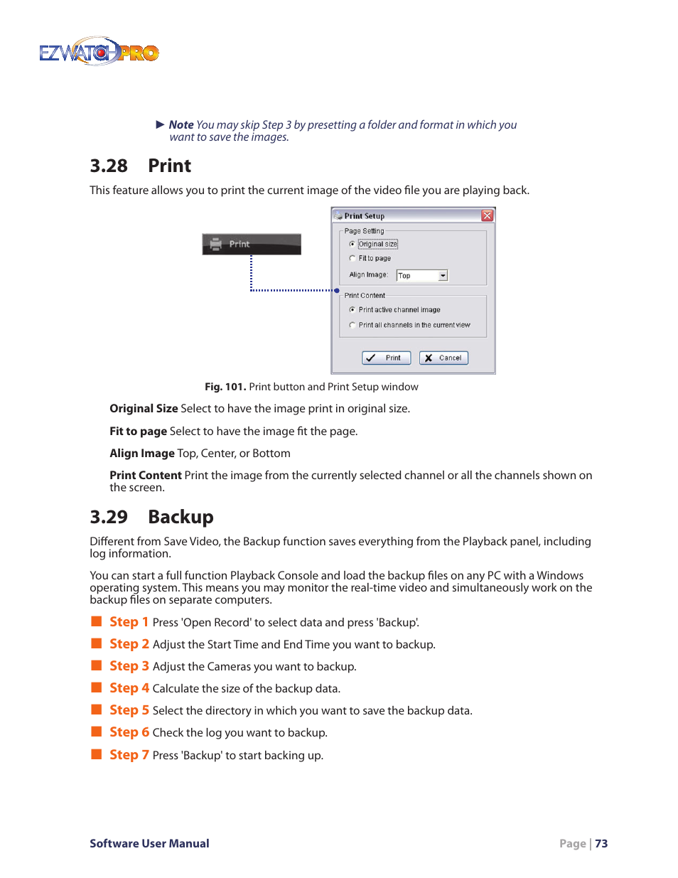 Fig. 101. print button and print setup window, 28 print, 29 backup | EZWatch Pro 4.0 User Manual | Page 74 / 124