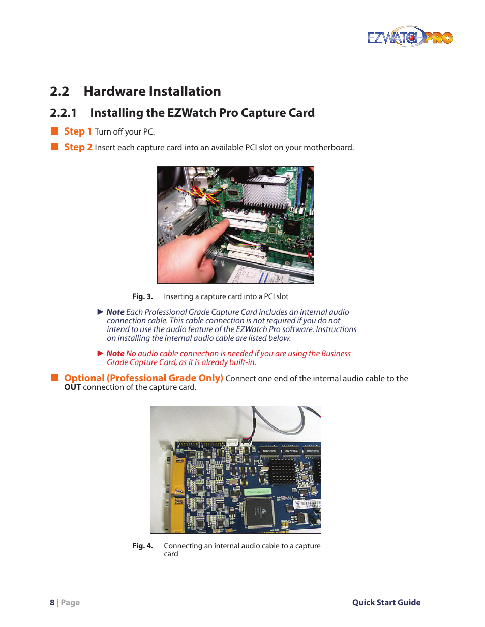 Fig. 3. inserting a capture card into a pci slot, 2 hardware installation, 1 installing the ezwatch pro capture card | EZWatch Pro 4.0 User Manual | Page 9 / 124