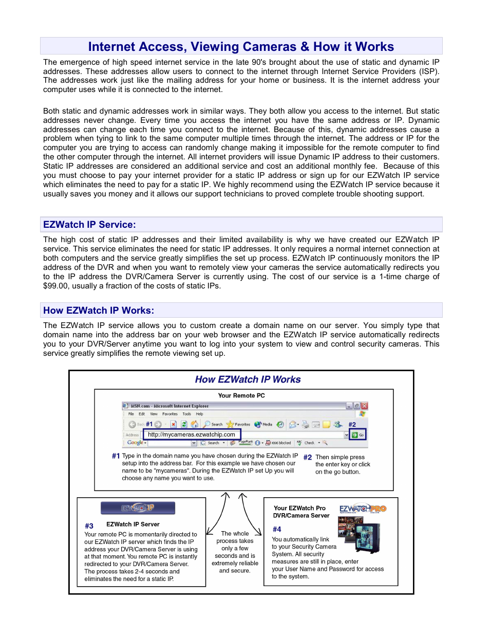 Internet access, viewing cameras & how it works | EZWatch EZWatchIP 4.0 User Manual | Page 2 / 8