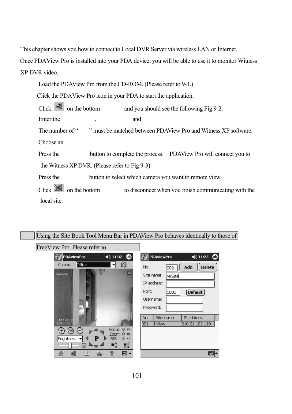 3. connecting pdaview pro to witness xp dvr site, 4. using the site book | EZWatch Pro 3.0 User Manual | Page 101 / 104