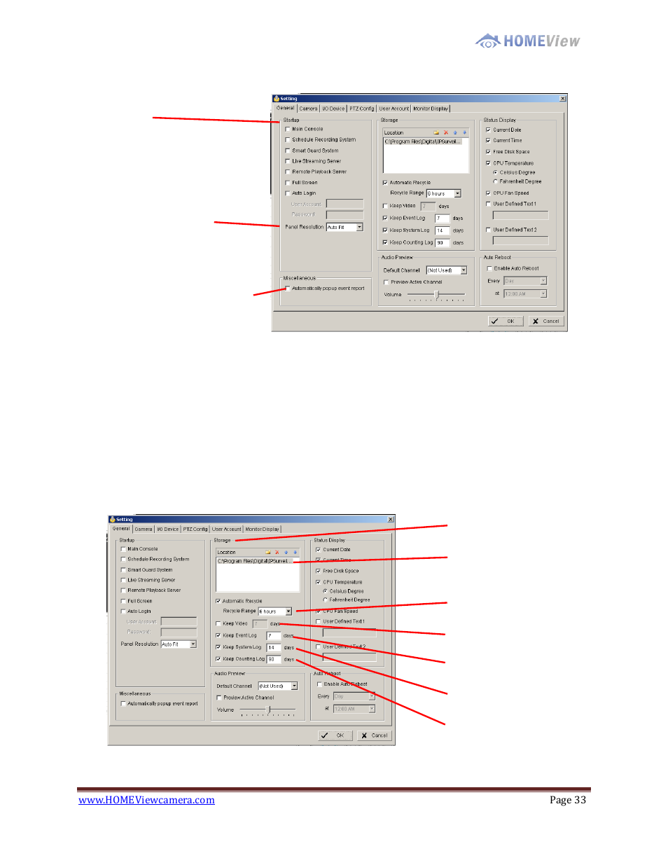 Setting – general, Startup | EZWatch HOMEView User Manual | Page 33 / 52