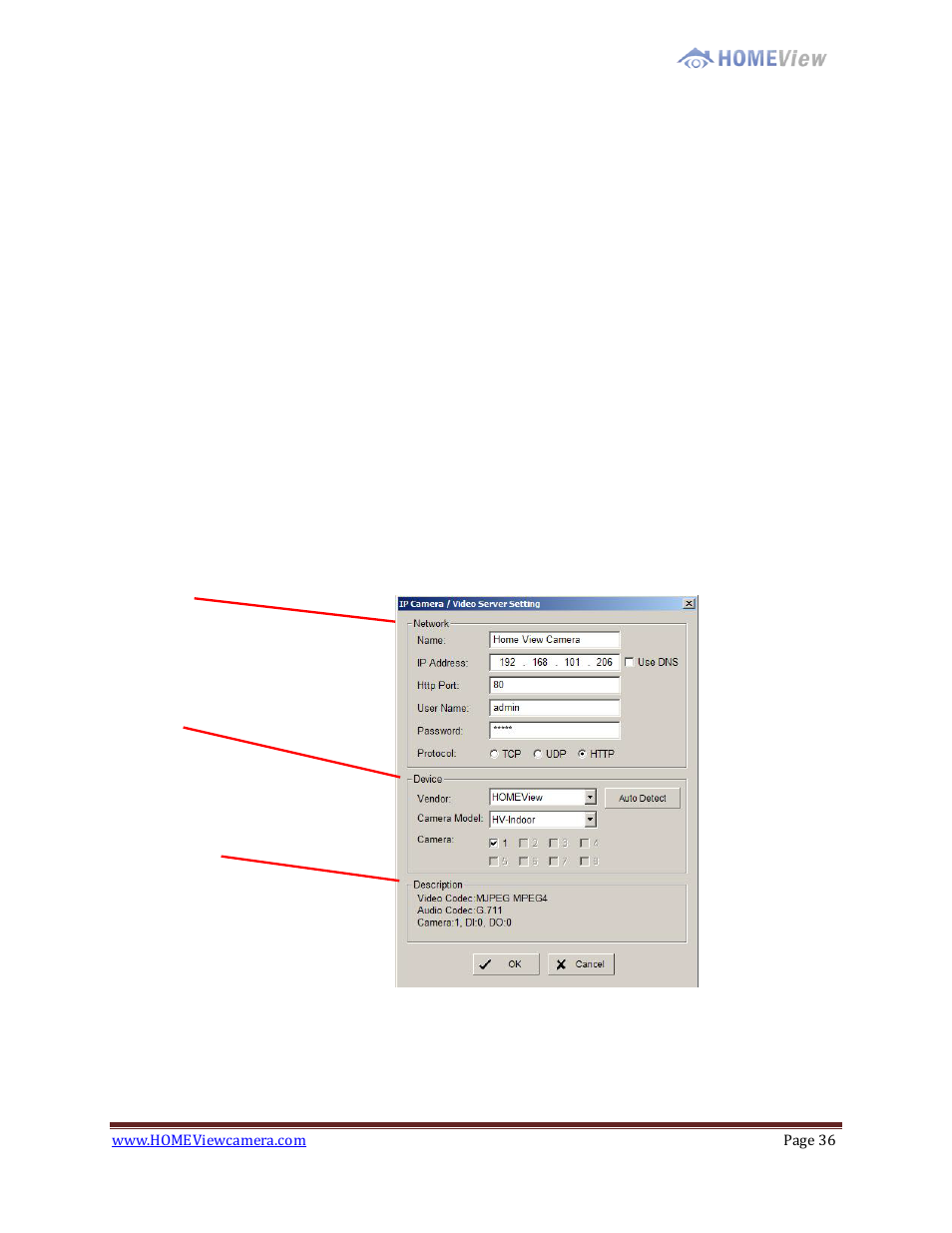 Add camera, Homeview camera / video server setting panel | EZWatch HOMEView User Manual | Page 36 / 52