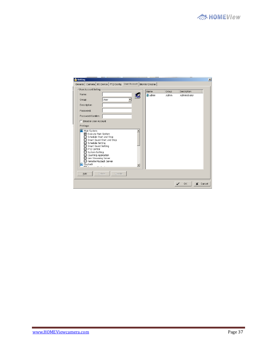 Setting - user account, Save/ load configuration, Setting - user account save/ load configuration | EZWatch HOMEView User Manual | Page 37 / 52