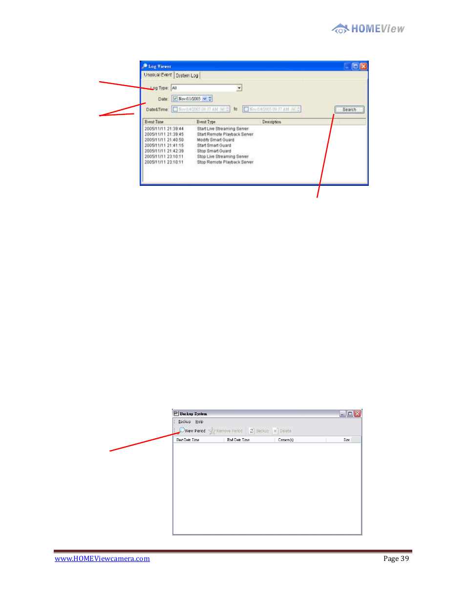 Backup | EZWatch HOMEView User Manual | Page 39 / 52