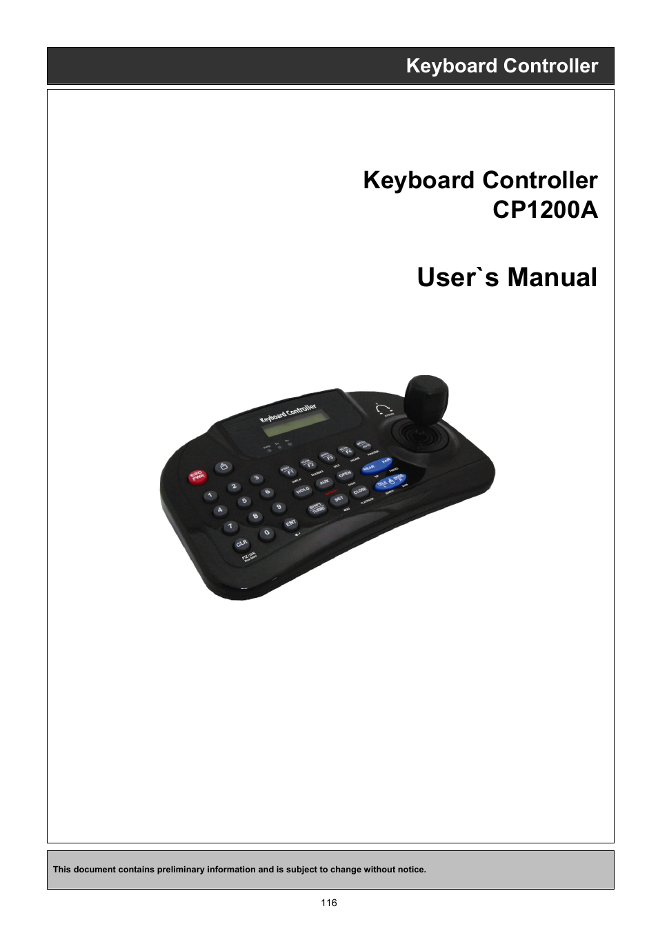 User`s manual, Keyboard controller cp1200a, Keyboard controller | EZWatch TurboView DVR User Manual | Page 116 / 128