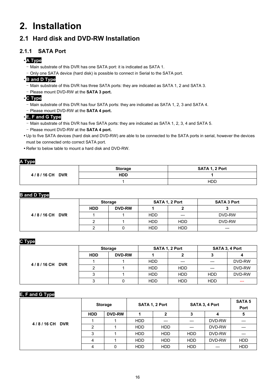 Installation, 1 hard disk and dvd-rw installation, 1 sata port | EZWatch TurboView DVR User Manual | Page 16 / 128