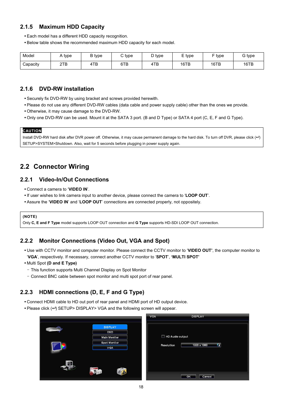 2 connector wiring, 5 maximum hdd capacity, 6 dvd-rw installation | 1 video-in/out connections, 2 monitor connections (video out, vga and spot), 3 hdmi connections (d, e, f and g type) | EZWatch TurboView DVR User Manual | Page 18 / 128