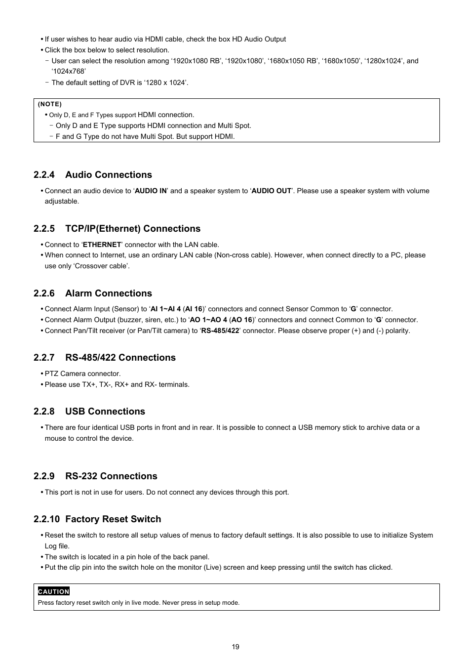 4 audio connections, 5 tcp/ip(ethernet) connections, 6 alarm connections | 8 usb connections, 9 rs-232 connections, 10 factory reset switch | EZWatch TurboView DVR User Manual | Page 19 / 128