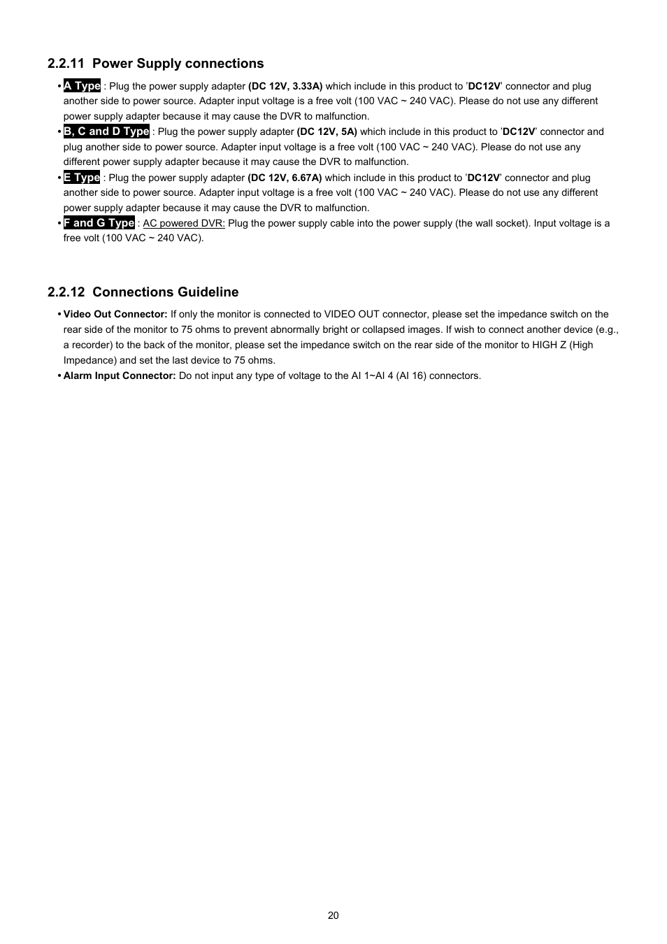 11 power supply connections, 12 connections guideline | EZWatch TurboView DVR User Manual | Page 20 / 128