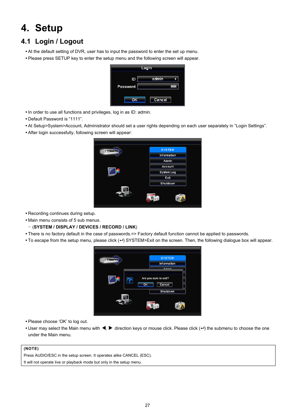 Setup, 1 login / logout | EZWatch TurboView DVR User Manual | Page 27 / 128