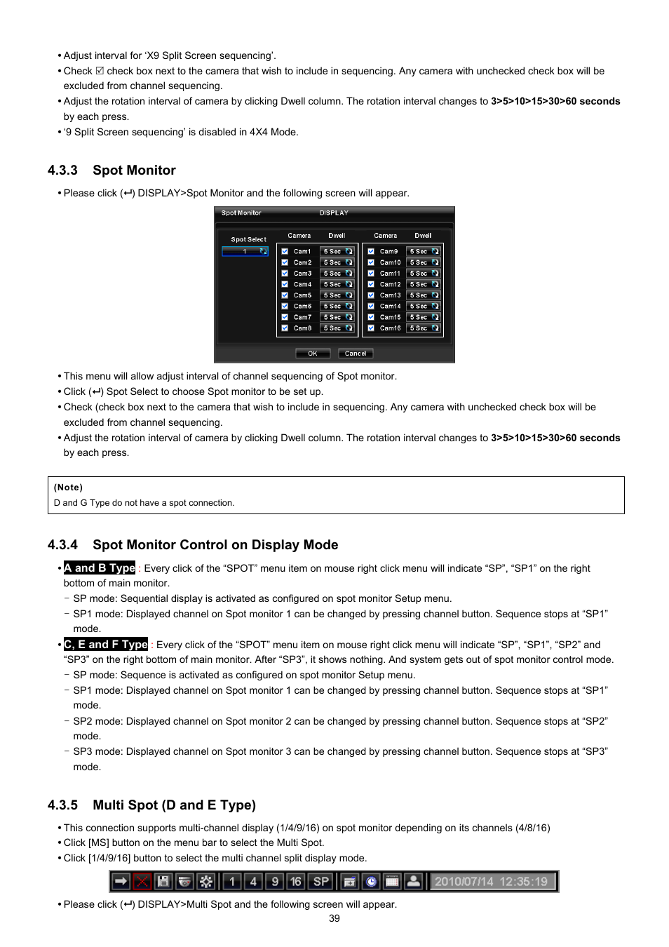 3 spot monitor, 4 spot monitor control on display mode, 5 multi spot (d and e type) | EZWatch TurboView DVR User Manual | Page 39 / 128