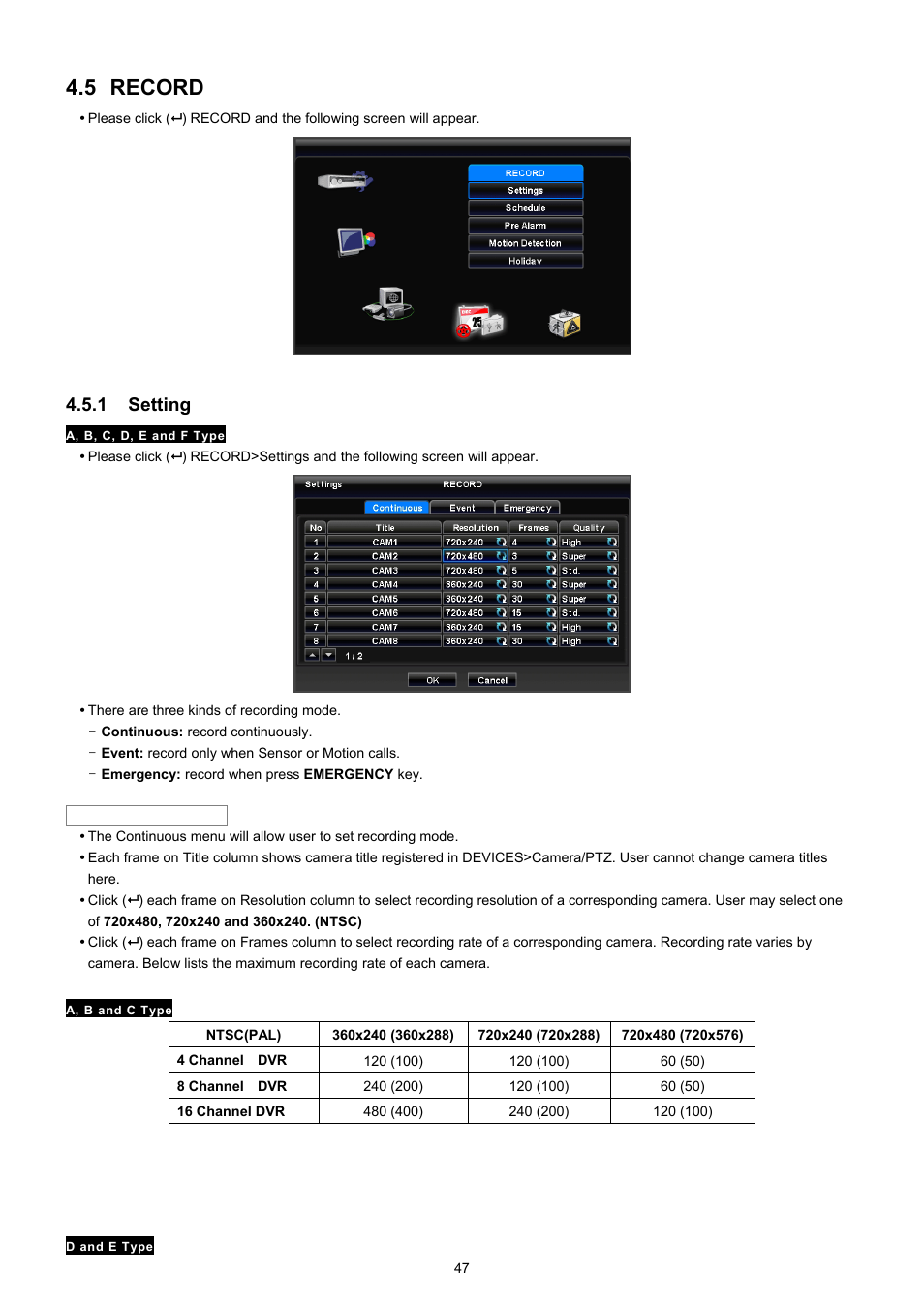 5 record, 1 setting | EZWatch TurboView DVR User Manual | Page 47 / 128