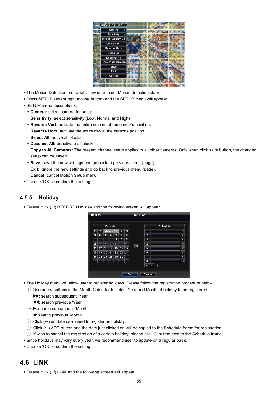 6 link, 5 holiday | EZWatch TurboView DVR User Manual | Page 55 / 128