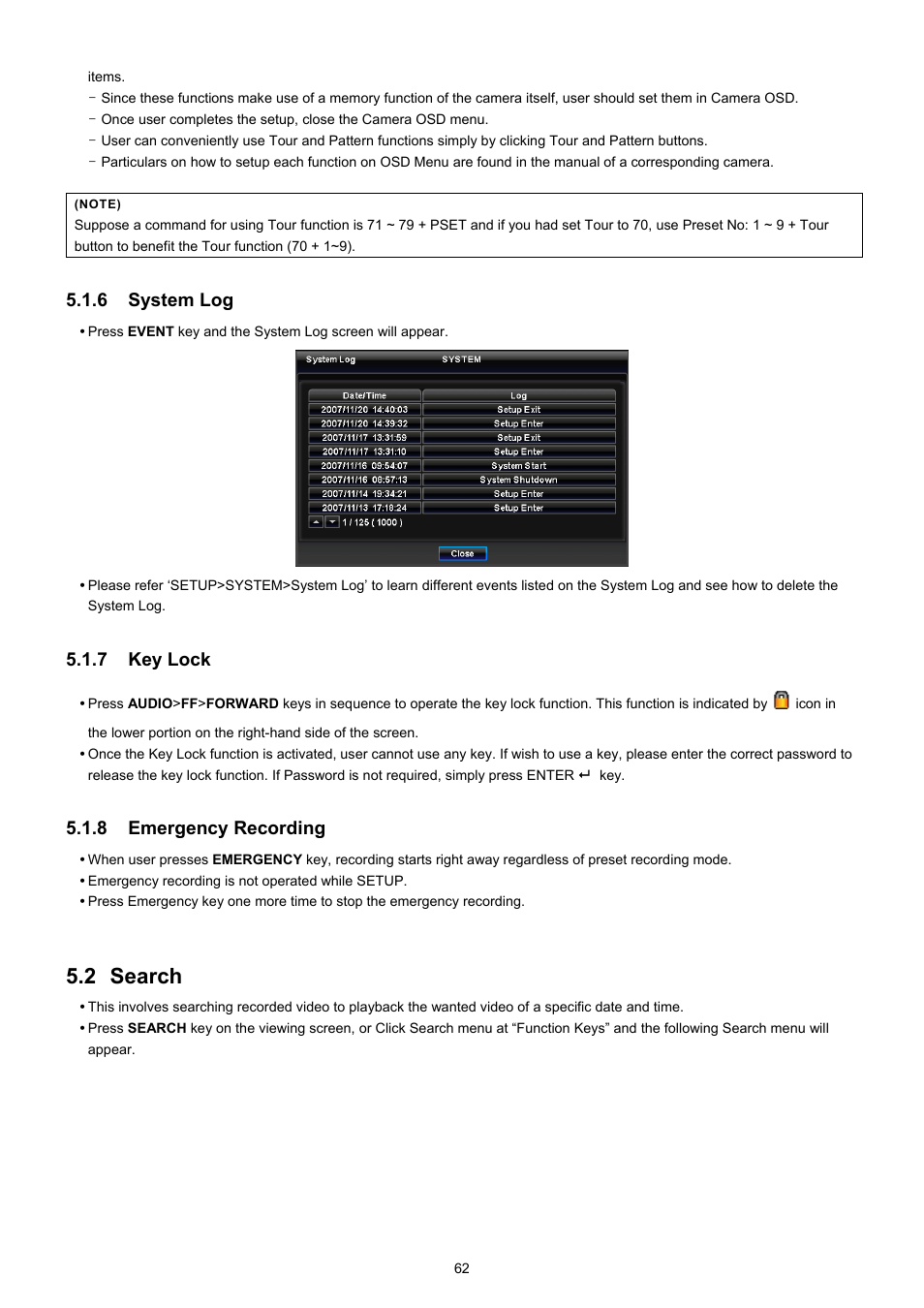 2 search, 6 system log, 7 key lock | 8 emergency recording | EZWatch TurboView DVR User Manual | Page 62 / 128