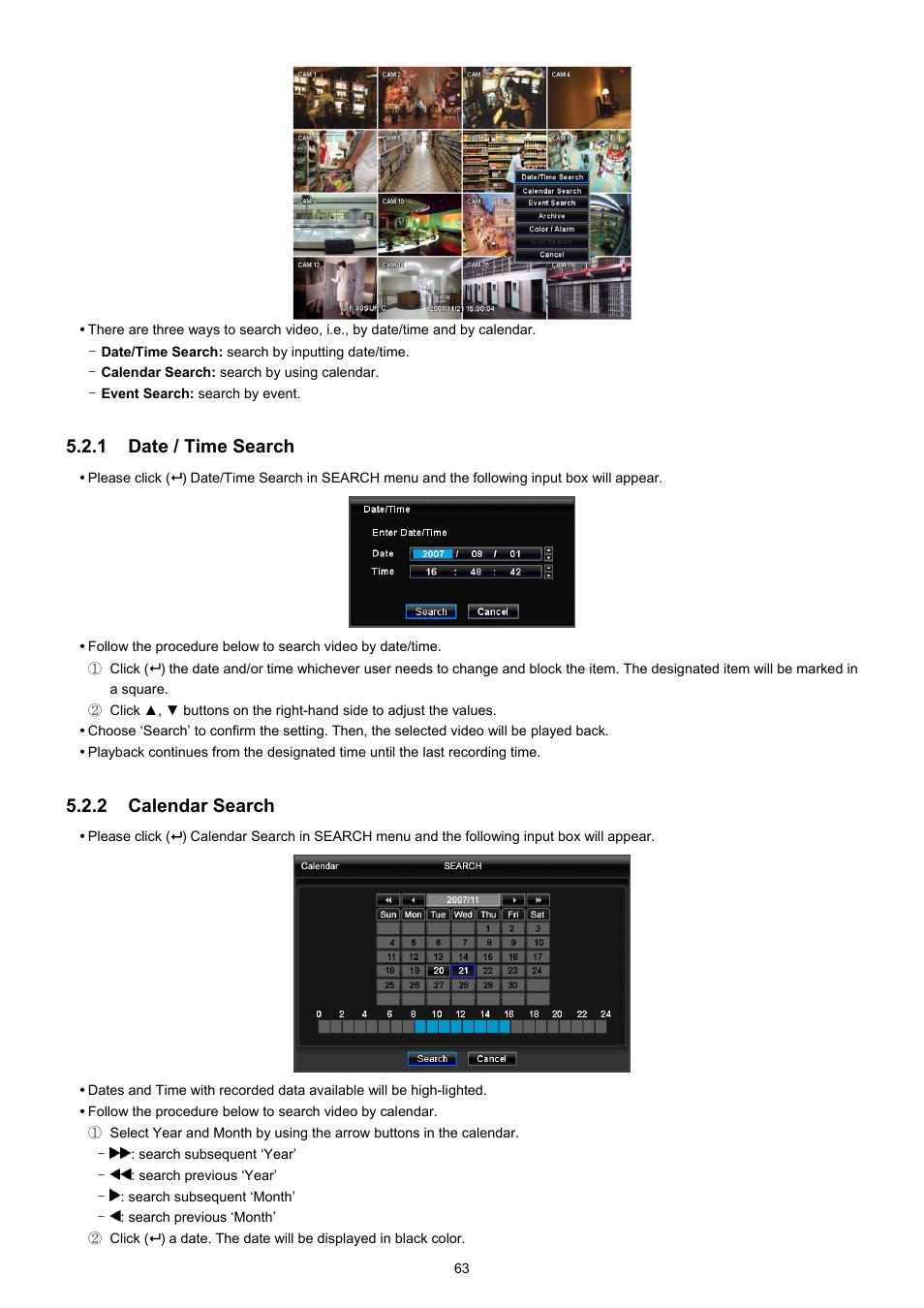 1 date / time search, 2 calendar search | EZWatch TurboView DVR User Manual | Page 63 / 128