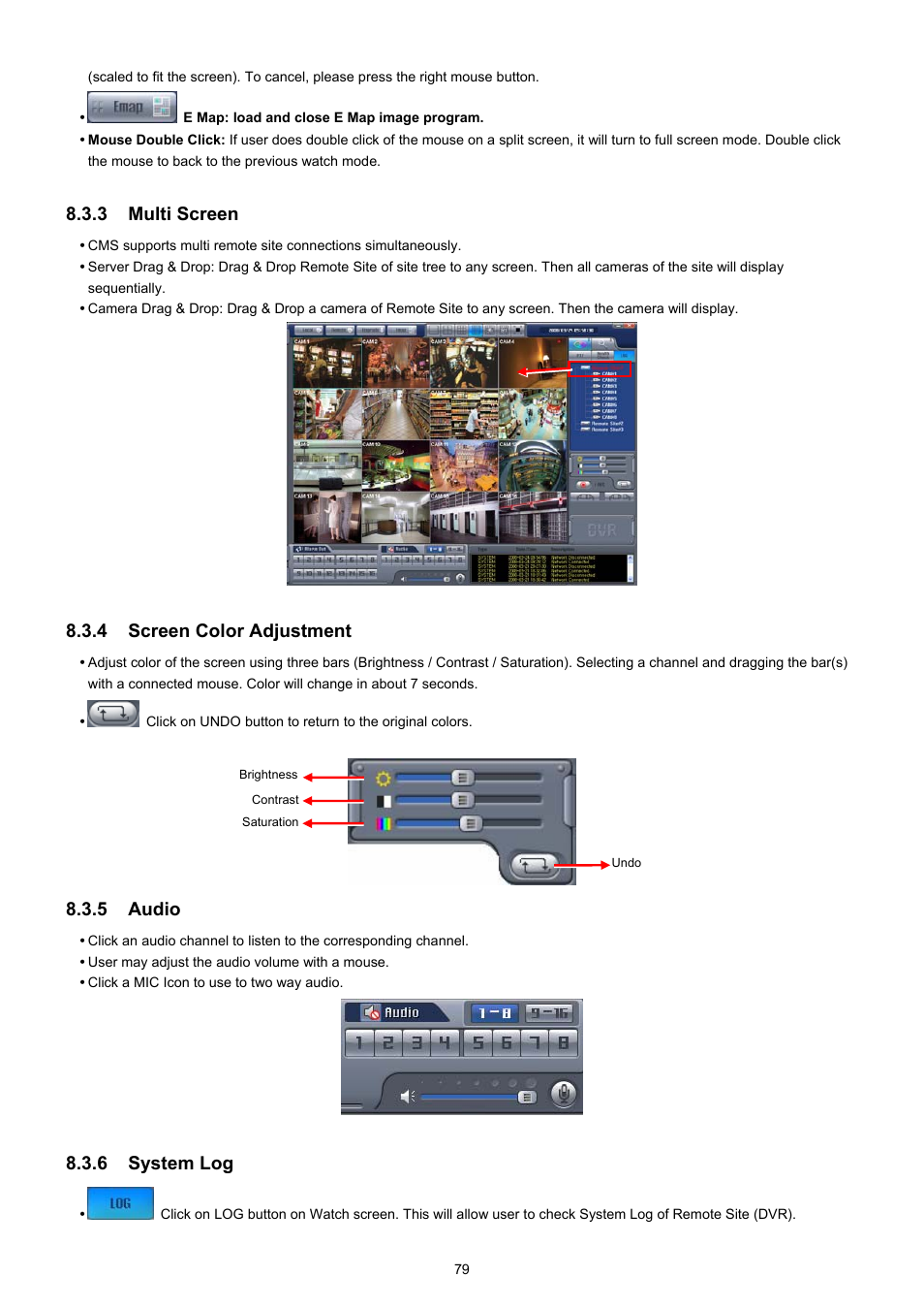 3 multi screen, 4 screen color adjustment, 5 audio | 6 system log | EZWatch TurboView DVR User Manual | Page 79 / 128