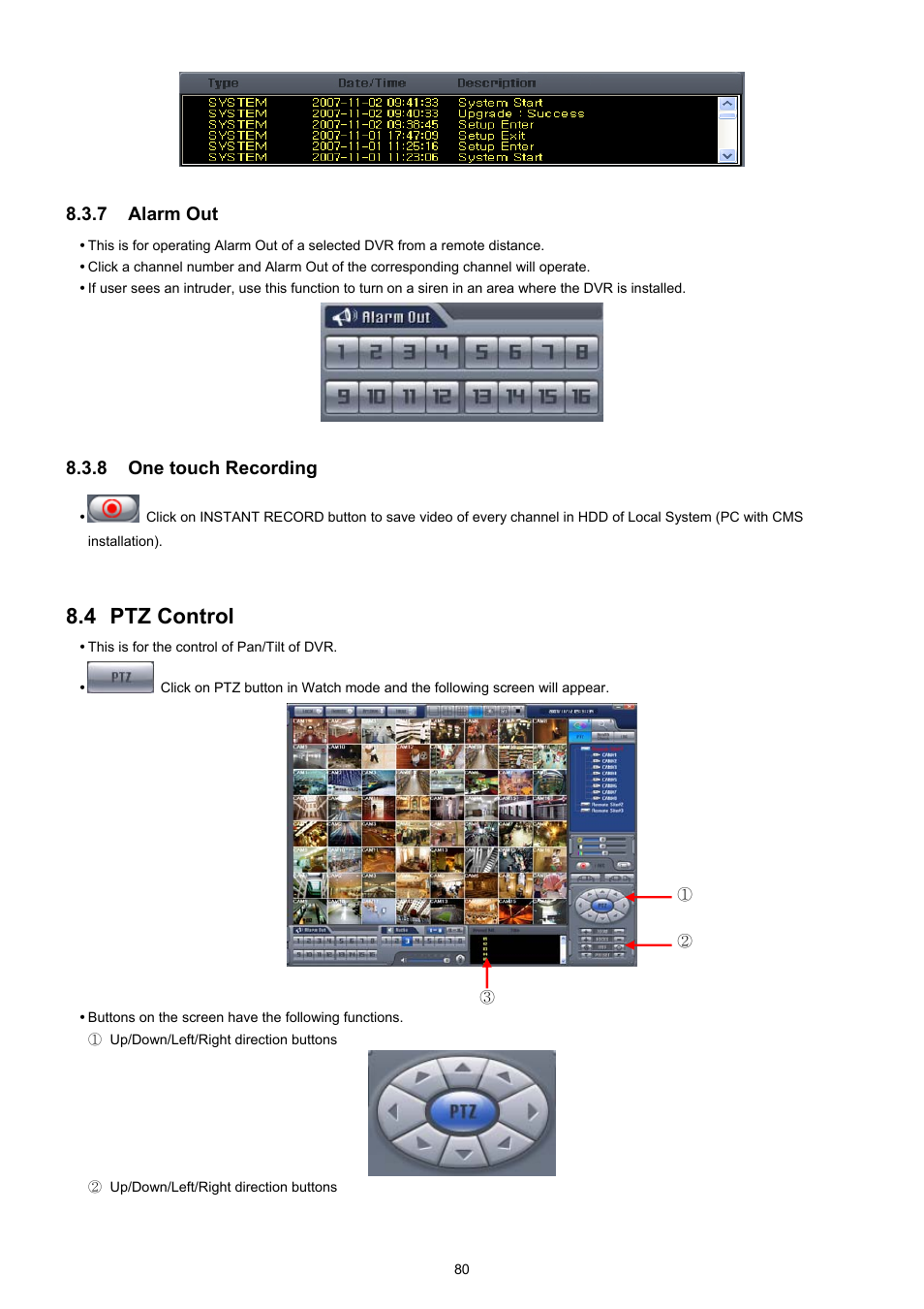 4 ptz control, 7 alarm out, 8 one touch recording | EZWatch TurboView DVR User Manual | Page 80 / 128