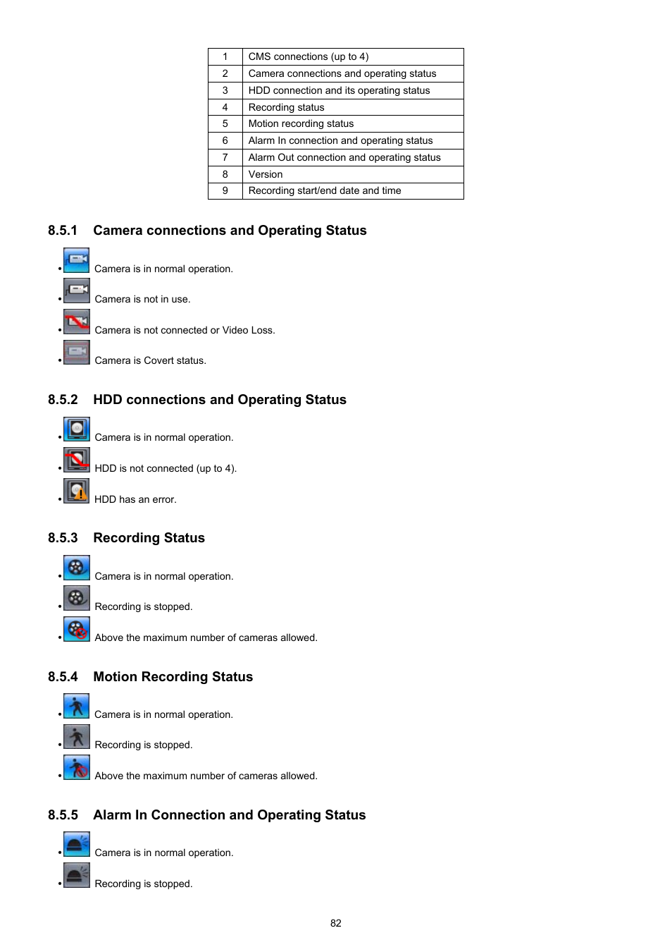 1 camera connections and operating status, 2 hdd connections and operating status, 3 recording status | 4 motion recording status, 5 alarm in connection and operating status | EZWatch TurboView DVR User Manual | Page 82 / 128