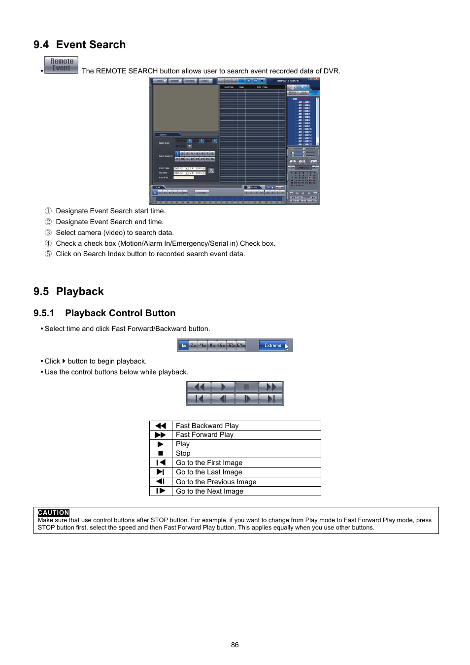 4 event search, 5 playback, 1 playback control button | EZWatch TurboView DVR User Manual | Page 86 / 128