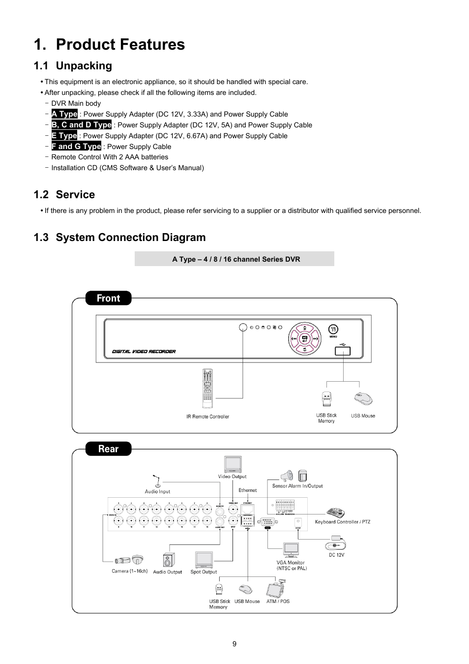 Product features, 1 unpacking, 2 service | 3 system connection diagram | EZWatch TurboView DVR User Manual | Page 9 / 128