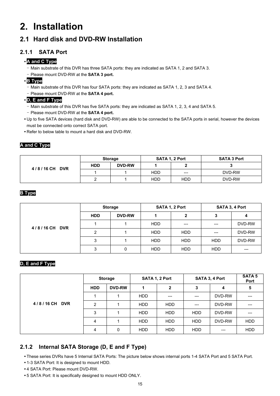 Installation, 1 hard disk and dvd-rw installation, 1 sata port | 2 internal sata storage (d, e and f type) | EZWatch CMS software for TurboView User Manual | Page 15 / 127