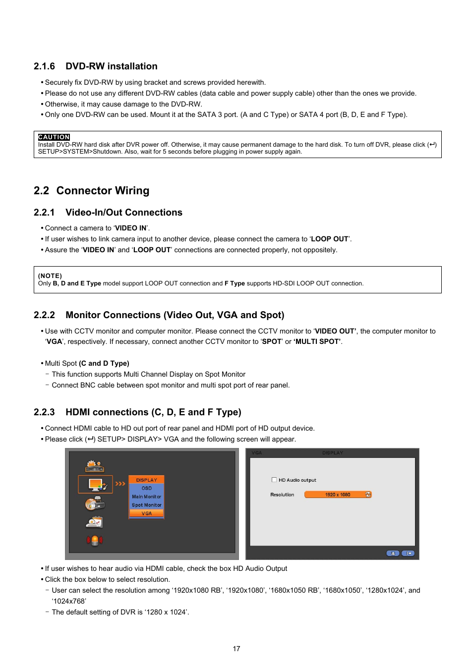 2 connector wiring, 6 dvd-rw installation, 1 video-in/out connections | 2 monitor connections (video out, vga and spot), 3 hdmi connections (c, d, e and f type) | EZWatch CMS software for TurboView User Manual | Page 17 / 127
