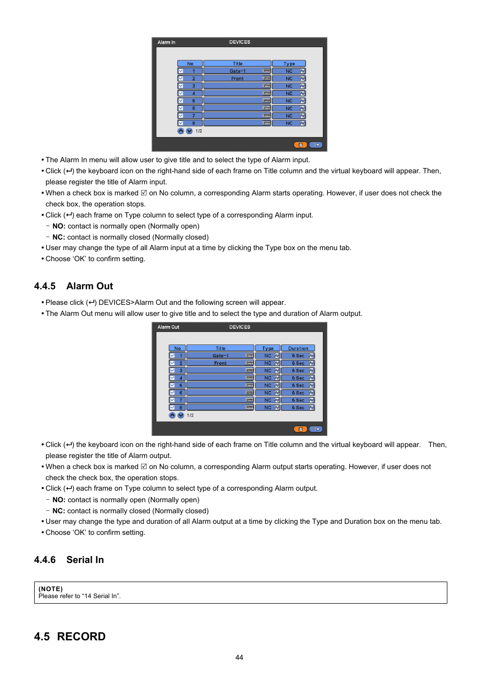 5 record, 5 alarm out, 6 serial in | EZWatch CMS software for TurboView User Manual | Page 44 / 127