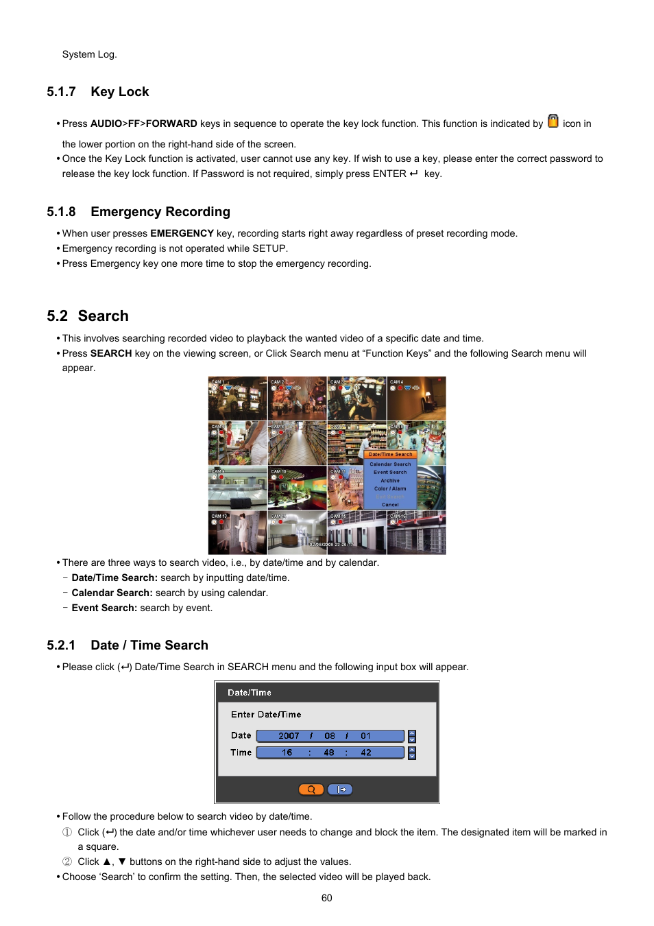 2 search, 7 key lock, 8 emergency recording | 1 date / time search | EZWatch CMS software for TurboView User Manual | Page 60 / 127