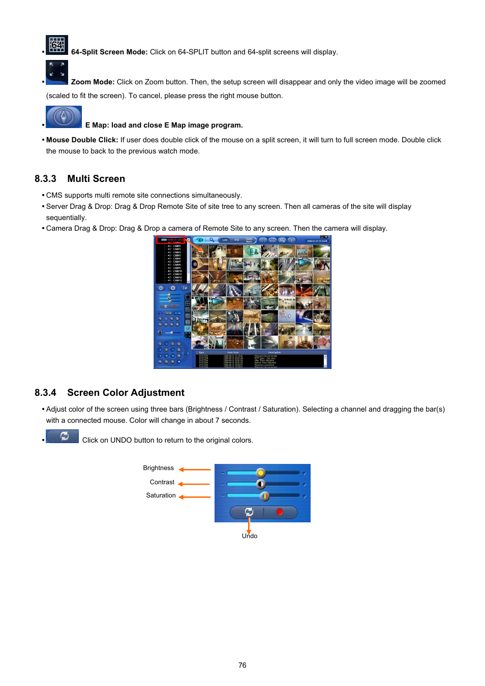 3 multi screen, 4 screen color adjustment | EZWatch CMS software for TurboView User Manual | Page 76 / 127